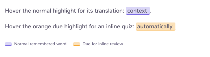 Two short article lines comparing a purple remembered-word highlight with an orange due-for-review highlight