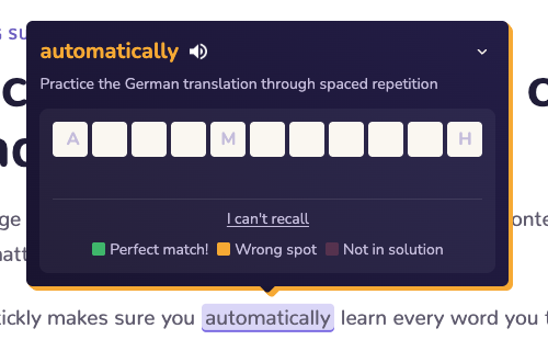 A tightly framed Stickly inline quiz with answer slots and character feedback labels above the due word