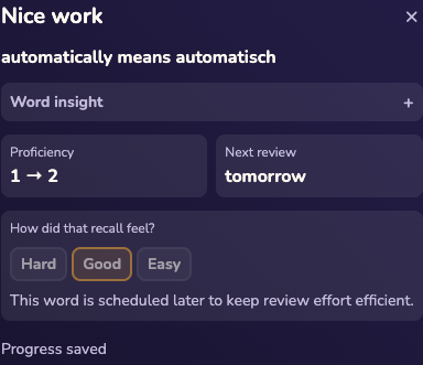 Stickly review success showing the confirmed meaning, proficiency change, next review, difficulty choices, and progress saved
