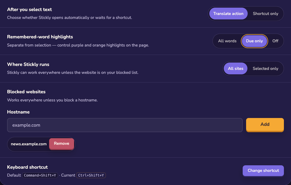 Stickly Browsing settings showing Translate action, Due only highlights, All sites access, blocked websites, and the keyboard shortcut