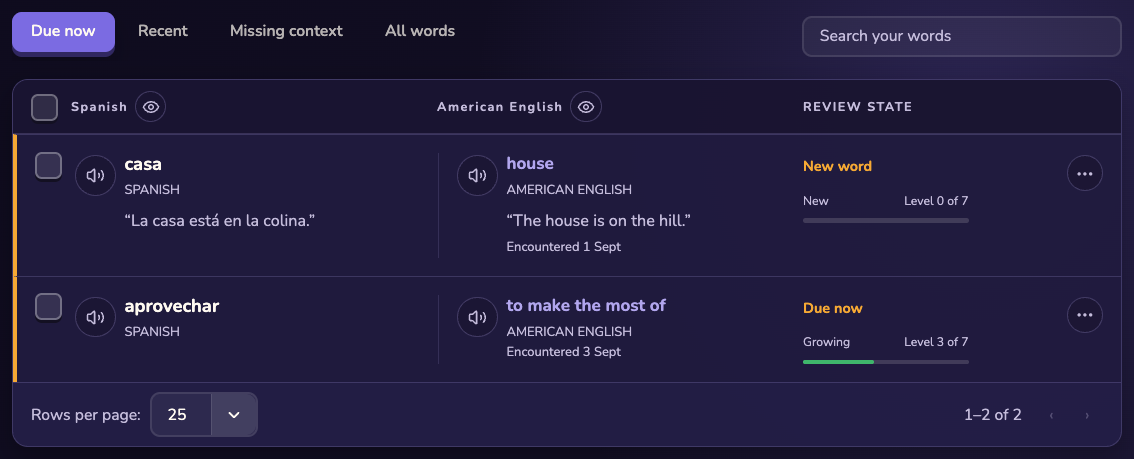Stickly Words filtered to Due now with saved words, translations, audio controls, search, review state, proficiency, and row menus