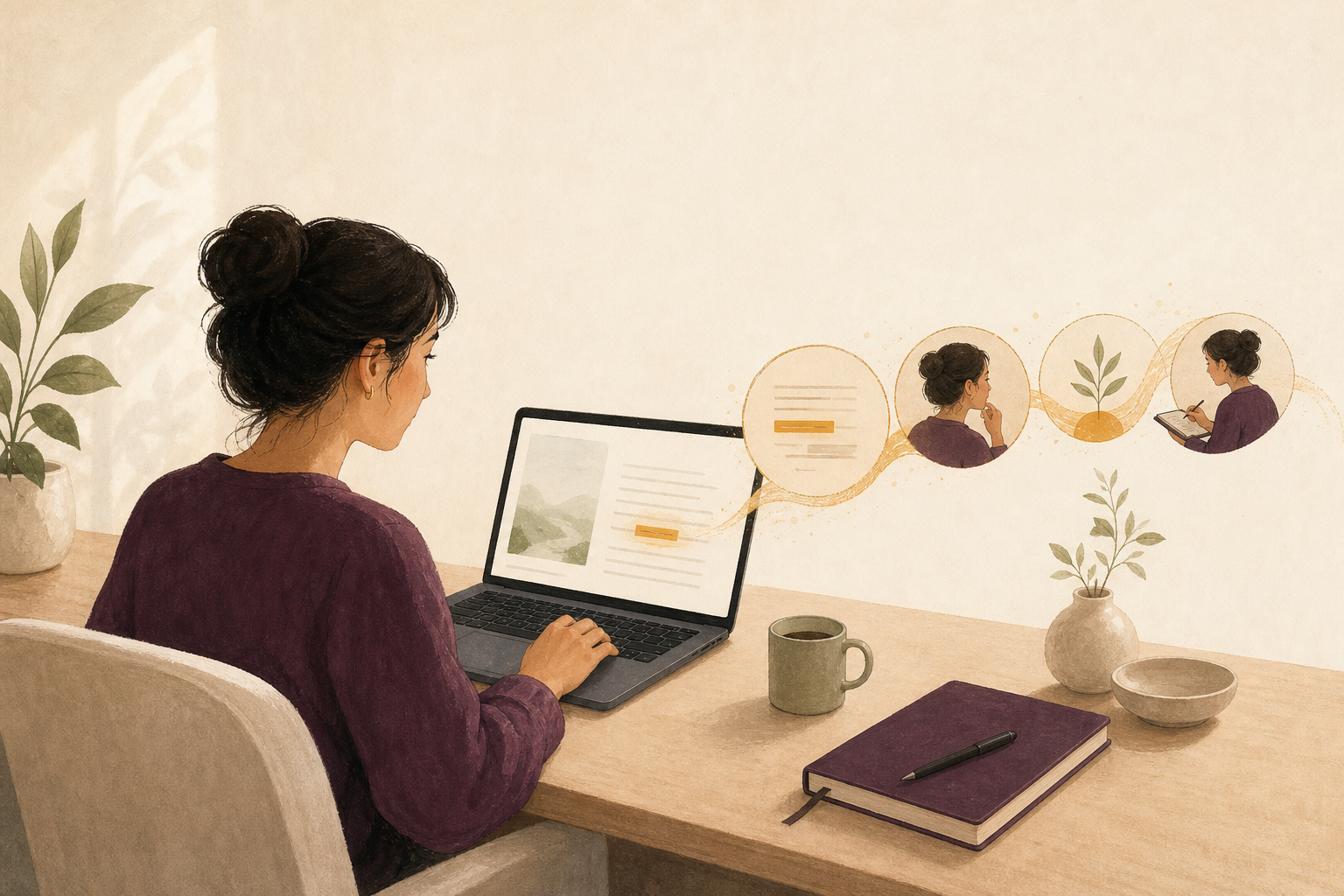 A language learner selecting a useful word while reading an article on a laptop, with gentle visual echoes suggesting later recall