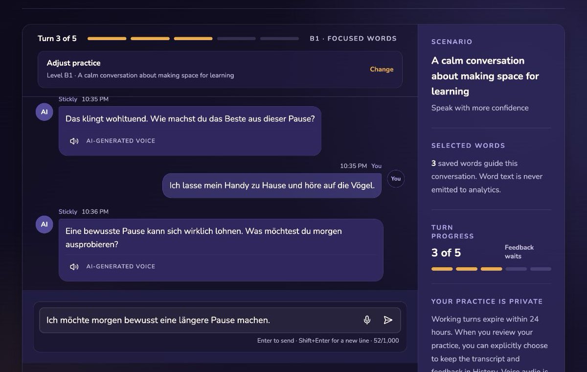 Full Practice Studio after signup, showing AI and learner messages in a focused five-turn conversation