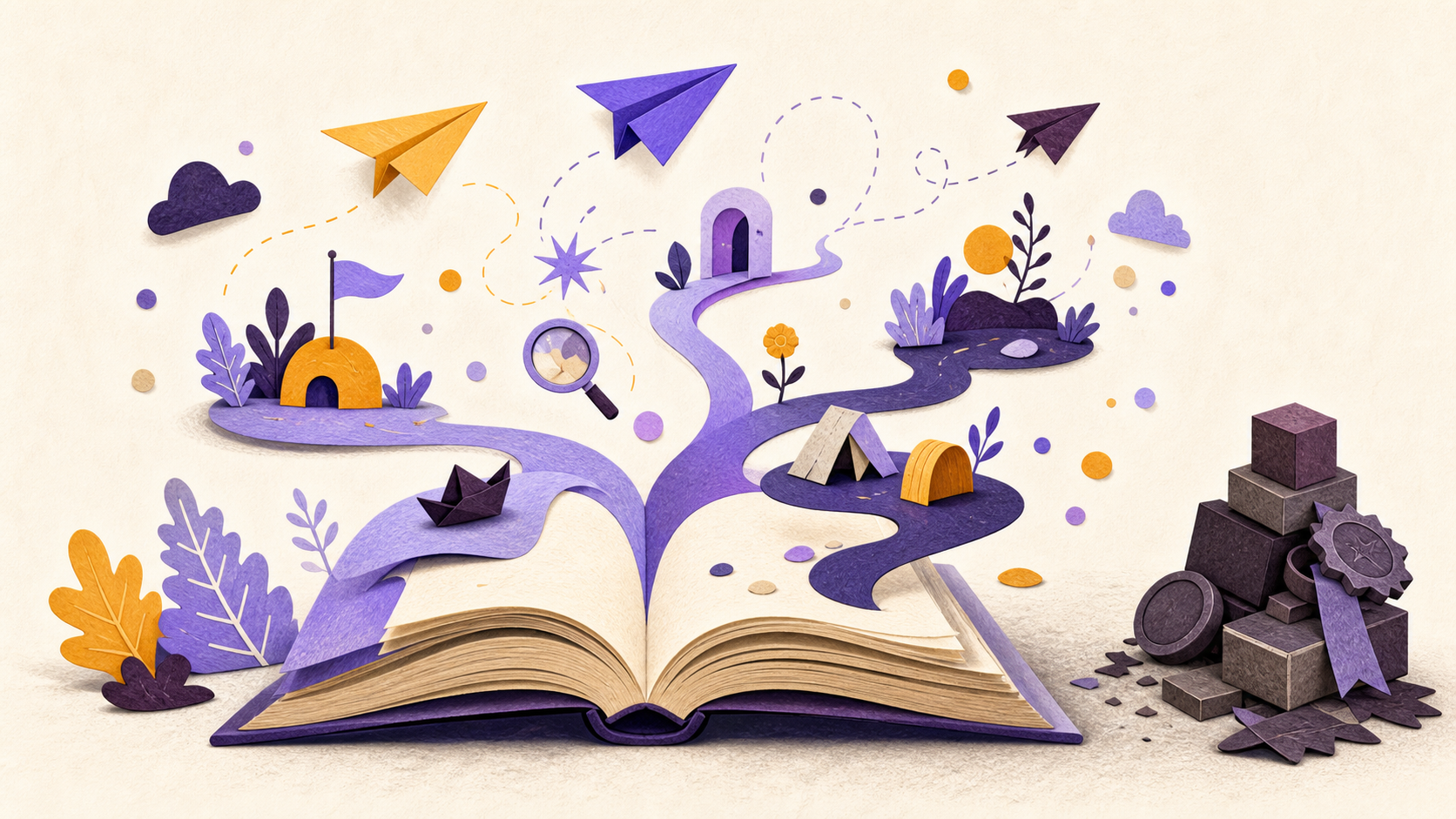 An open book branching into playful paper paths beside an abandoned stack of reward blocks